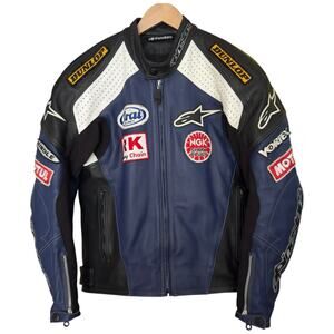 Alpinestars Perforated Padded Leather Motorcycle Jacket Blue Black Mens Size 42